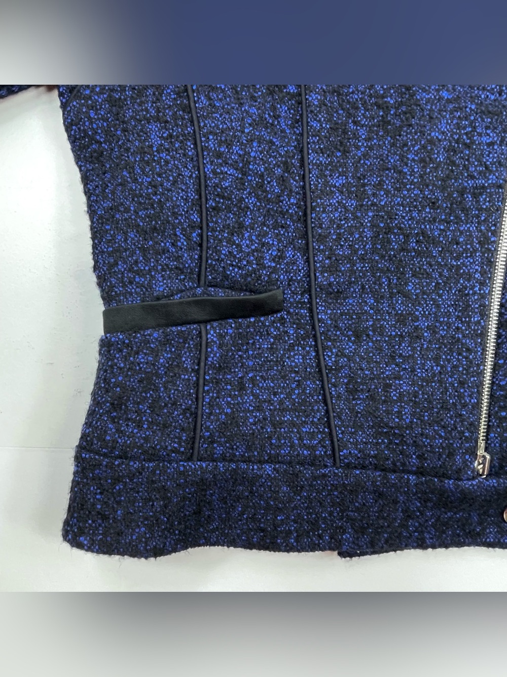 KAREN MILLEN Women's Blue Black Tweed Zipper Jacket Blazer Lined Size 6 - Picture 4 of 9